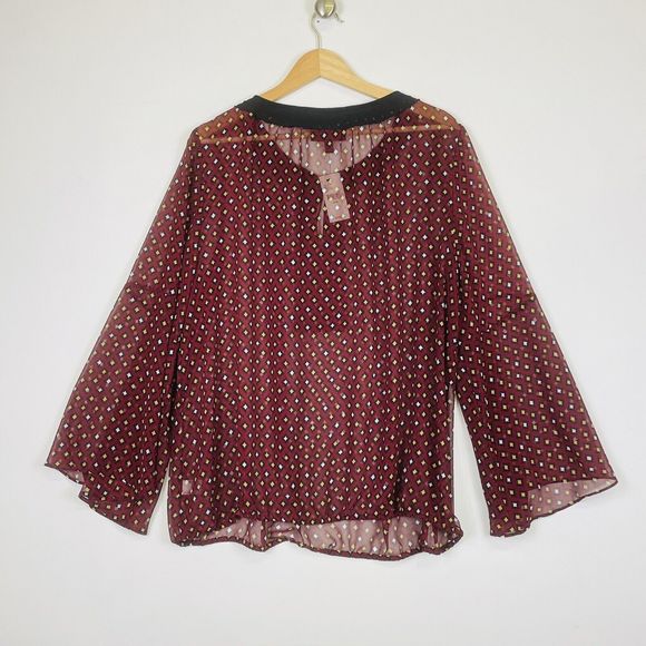 Lane Bryant Maroon Diamond Sheer Long Sleeve‎ Peasant Shirt Top Womens 18 20 NEW - Picture 5 of 7